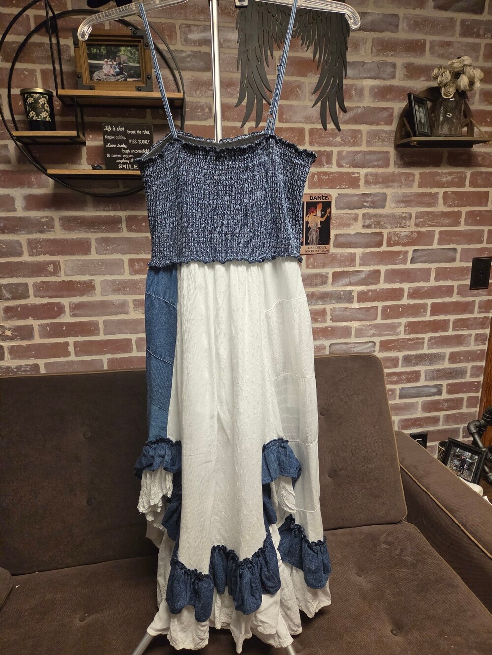 Blue and White Patchwork Maxi Dress - Smocked Bodice